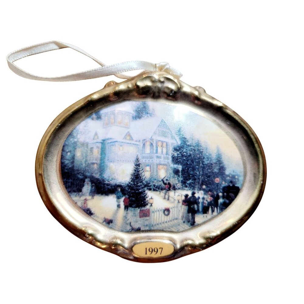 Vintage Hallmark Ceramic Christmas Ornament 1997 Thomas Kinkade Gold Tone Frame